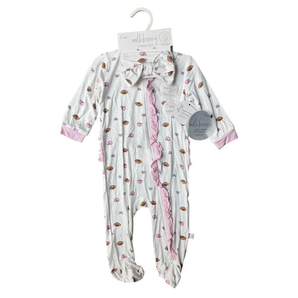 NWT Milkberry Bamboo Football Ruffle Footie & Headband Set Pink White 3-6M NEW
